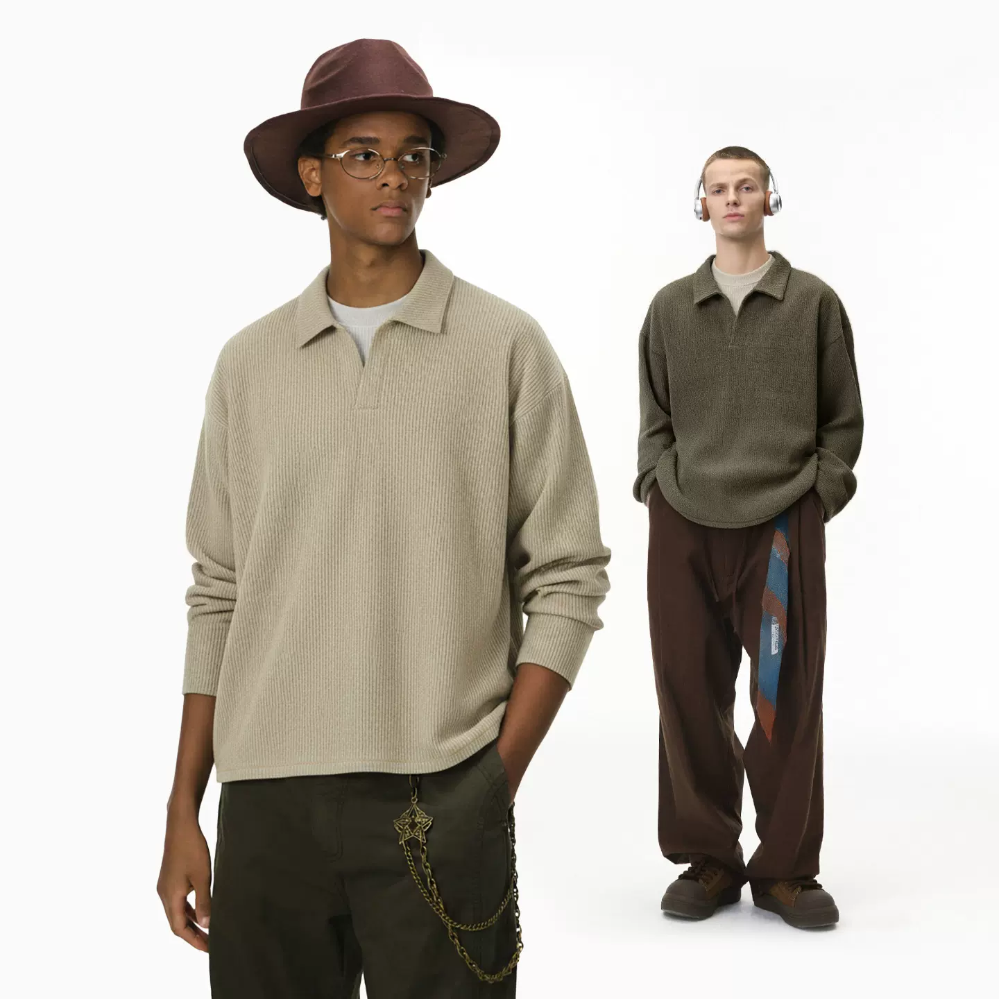 捷展男装|老钱假两件拼接长袖25秋季新品美式复古翻领针织衫T恤男