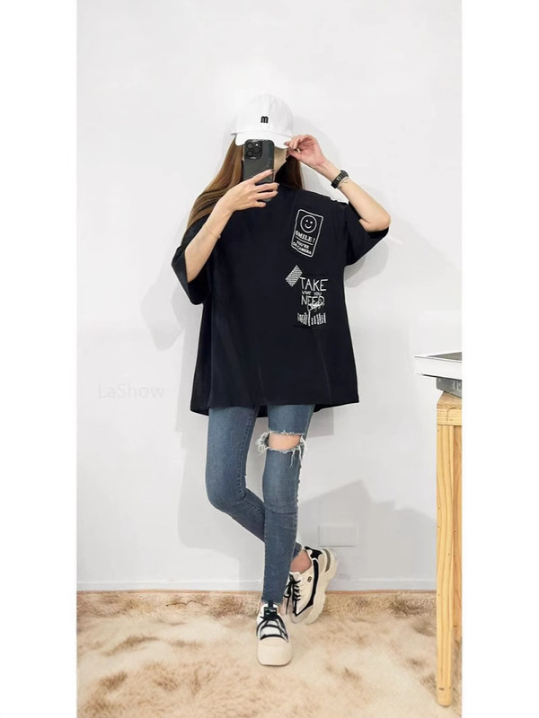 2025 夏大きいサイズミドル丈半袖ラウンドネック Tシャツプリントパッチ年齢軽減痩身多用途女性トップスイン|undefined