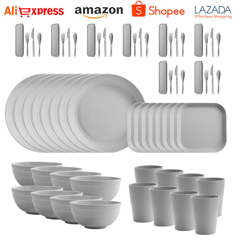 Amazon Wheat Straw Household Soup Bowl Water Cup Tableware Outdoor Convenient Bowl Plate Tableware suit Factory Outlet