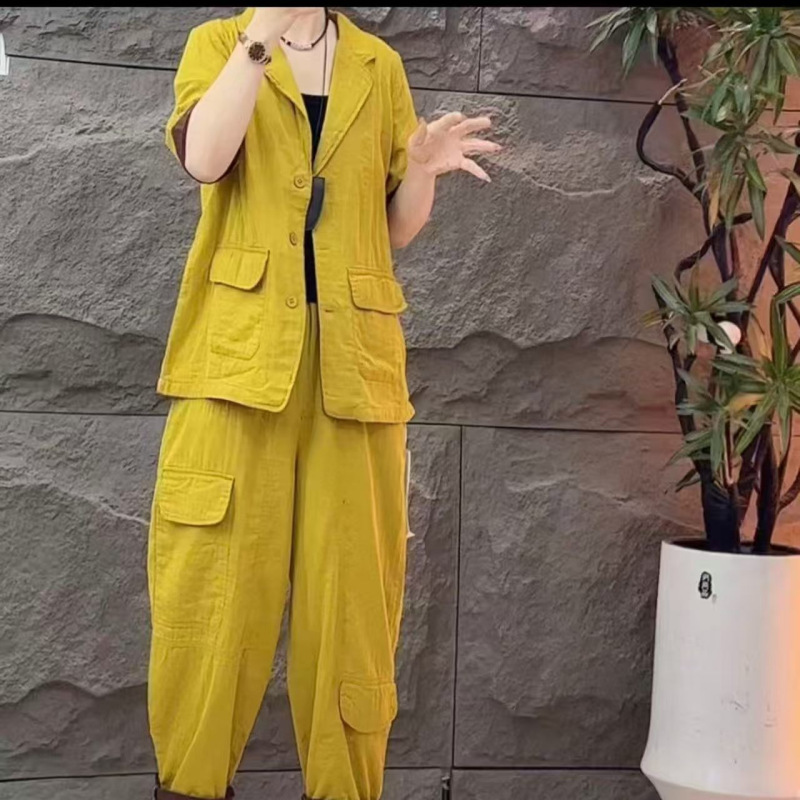 Vintage Artistic Set 2026 Simple Japanese Style Suit Collar Mid-Sleeve Blazer + Elastic Waist Casual Pants for Women