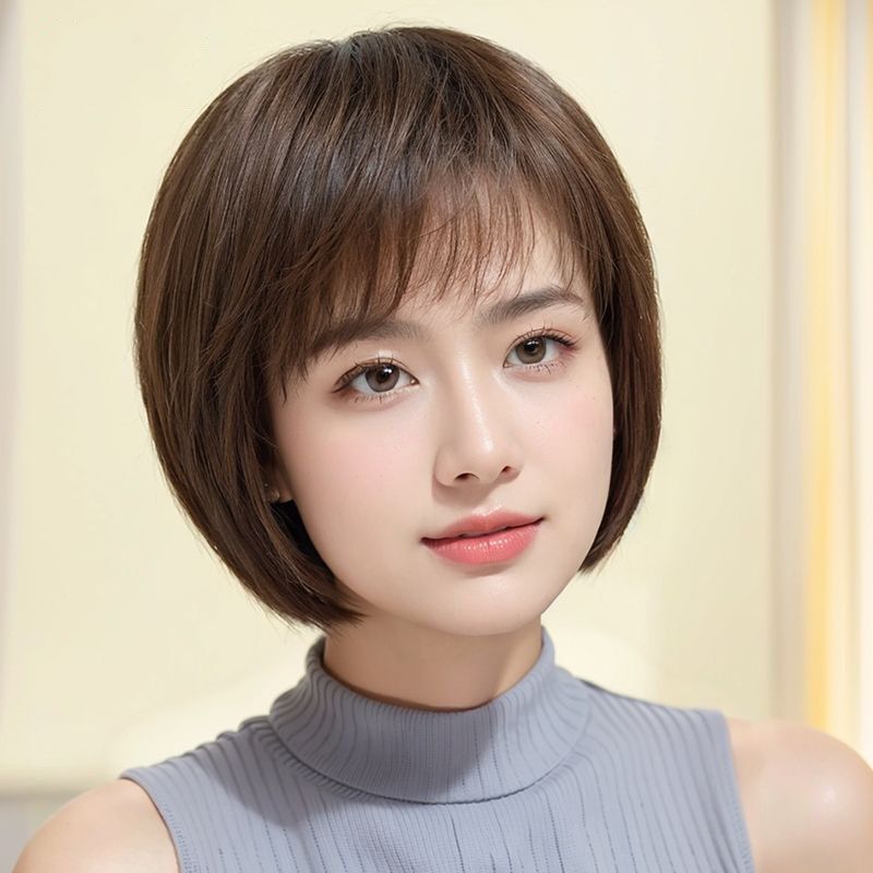 Wig for Women with Full Headband, Real Hair, Seamless Breathable Short Hair, Middle-Aged and Elderly Mothers, Full Real Wave Hair Set for Women