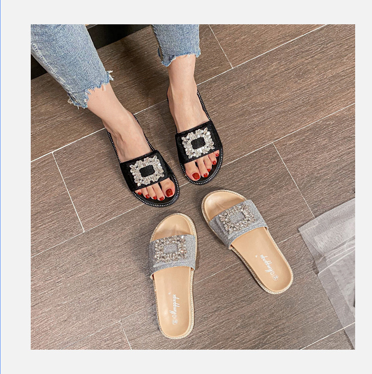 2025 verano nuevo lazo con diamantes de imitación hebilla cuadrada plana casual zapatillas de mujer sandalias de una tira para mujer ropa de exterior talla grande 41_voghion.com