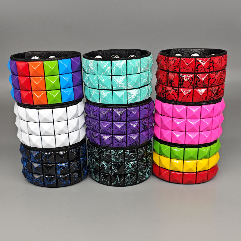 European and American New Punk Multi-Color Square Rivet Leather Bracelet Personalized Cycling Bar Bracelet Men's Wide Leather Pu Bracelet European and American New Punk Multi-Color Square Rivet Leather Bracelet Personalized Cycling Bar Bracelet Men's Wide Leather Pu Bracelet