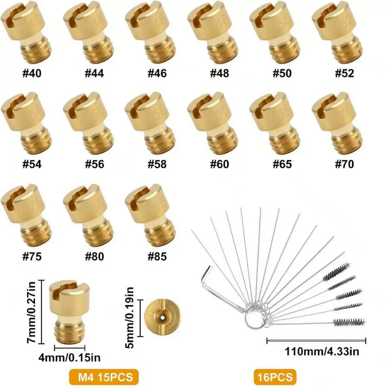 15粒摩托车M4化油器喷嘴40-85 配件适用GY6 PZ19  带清洁刷工具
