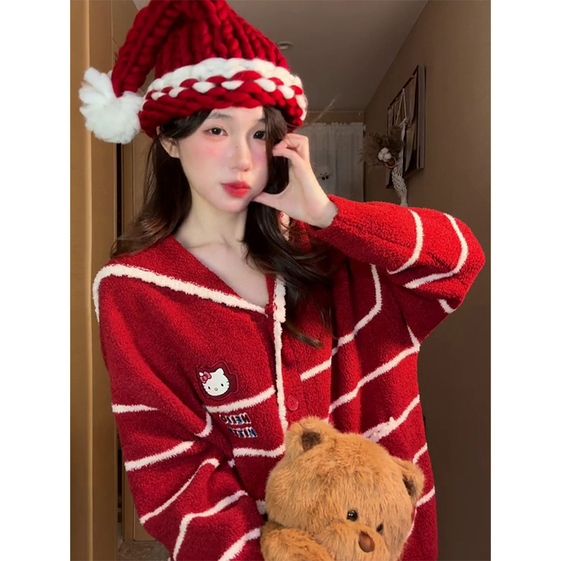 甜美可爱Kitty印花少女半边绒睡衣女秋季新款家居服加厚保暖套装|undefined