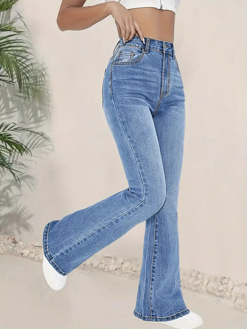 Jeans Acampanados de Tiro Alto para Mujer de Mezclilla de Algodón y Poliéster, Elásticos, para Uso Casual