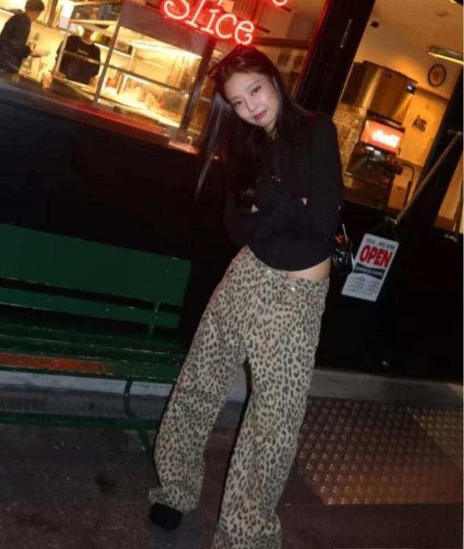 jennie金智妮同款美式复古豹纹阔腿牛仔裤女直筒显瘦宽松休闲裤子|undefined