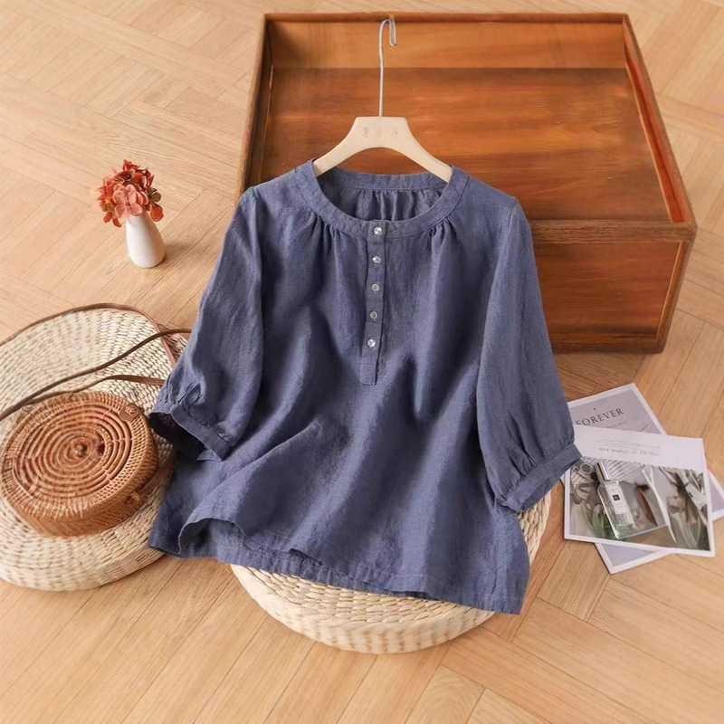 Retro Cotton and Linen Shirt Women's Three-Quarter Sleeve Spring and Summer New Pure Cotton Shirt Loose Belly-Covering Top Mother's Large Size Shirt