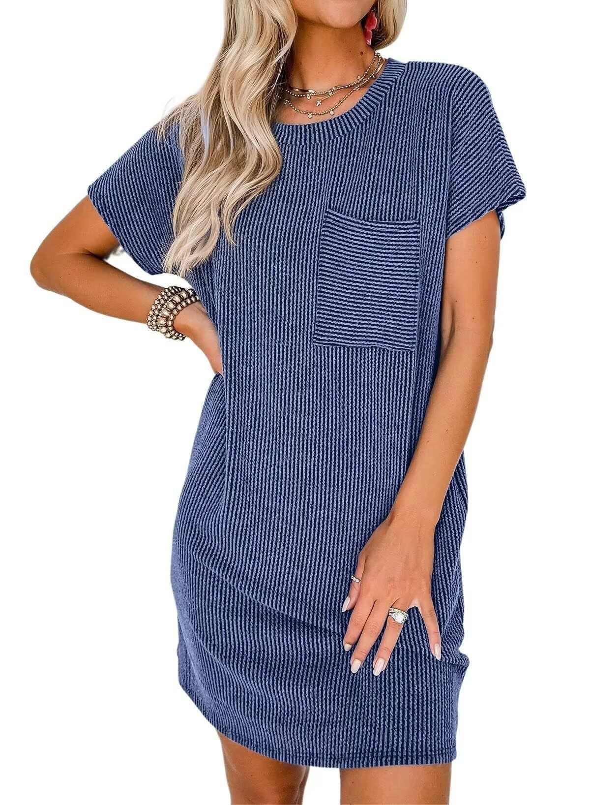 Women Summer Casual Contrast Color Wavy Stripes Short Sleeve Pocket Dress 15 Women Summer Casual Contrast Color Wavy Stripes Short Sleeve Pocket Dress