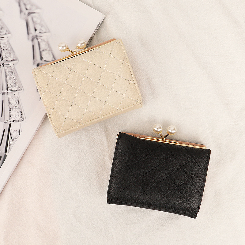 Cartera con cremallera para mujer, estilo nuevo 2024, con cierre, estilo corto triple, diseño de diamantes para estudiantes, tarjetero de PU con múltiples ranuras para tarjetas, monedero