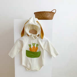 春秋装婴儿兔子胡萝卜包屁哈衣INS款婴幼儿卡通造型连体衣送帽子