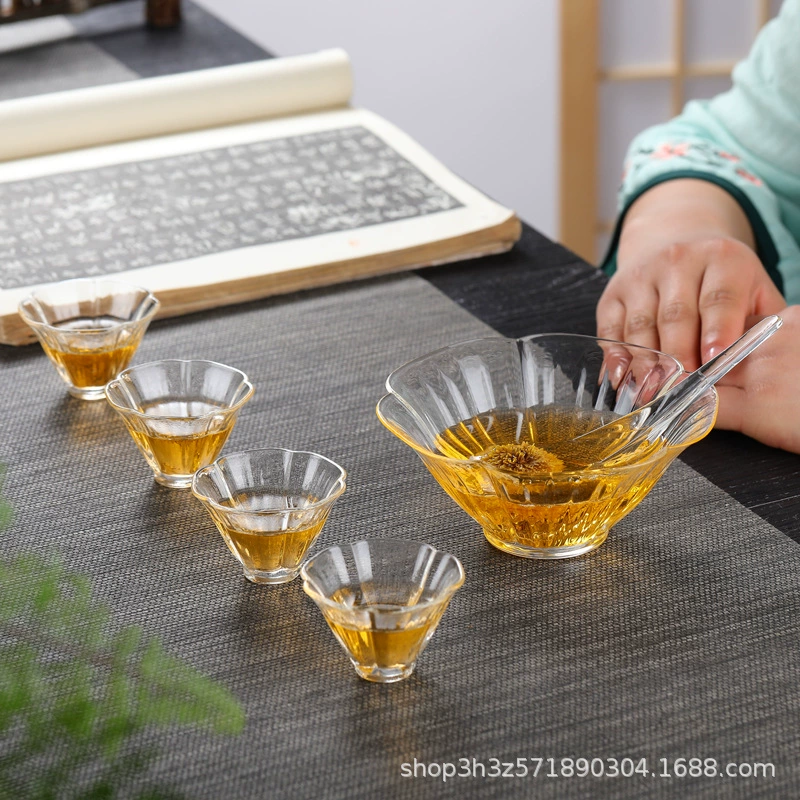 Hammered glass tea ceremony lotus bowl for blooming and brewing, tea spoon set for matcha and gongfu tea ritual