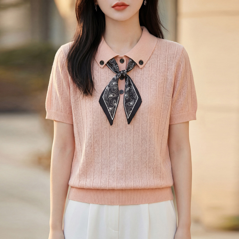 Summer New Jacquard Hollow-Out Lapel Fine-Spun Wool Knit Short-Sleeve Women's T-Shirt with Unique Design and Elegant Style