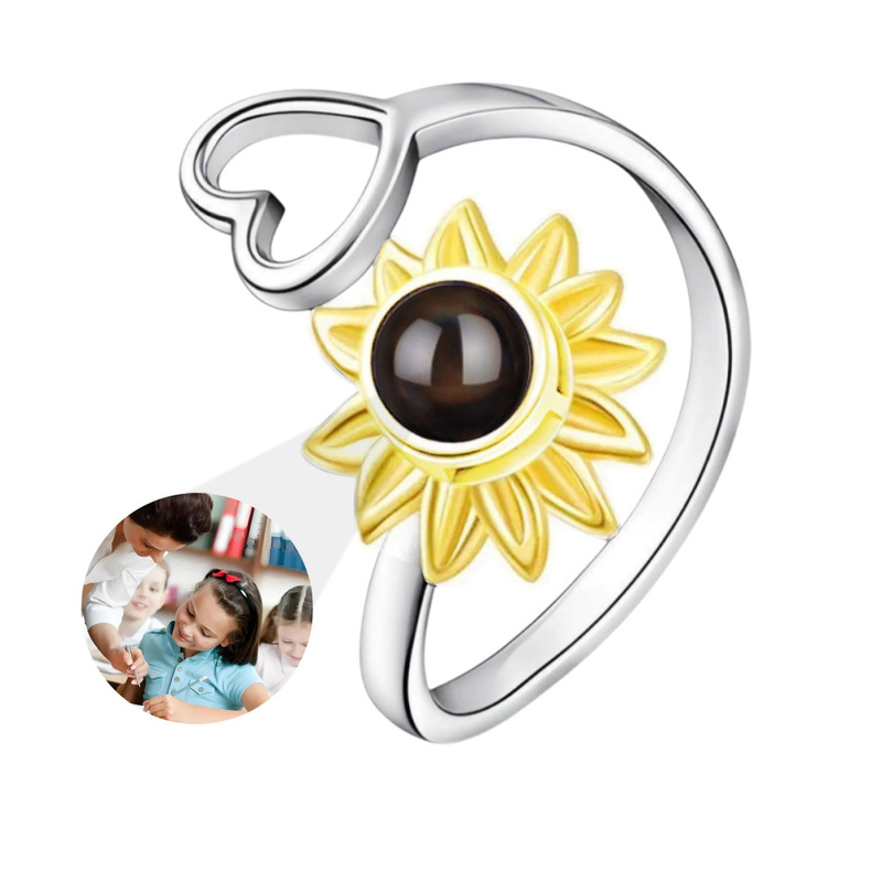 Cross-Border Hot-Selling Sunflower Projection Ring Customized Photo 100 Languages ​​Flower Ring Open Fashion Ring