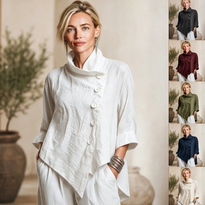 2026 Spring and Autumn Cross-Border European and American Independent Station Cotton and Linen Women's Vintage Casual Twill Stand Collar Asymmetrical Front Jacket 2026 Spring and Autumn Cross-Border European and American Independent Station Cotton and Linen Women's Vintage Casual Twill Stand Collar Asymmetrical Front Jacket
