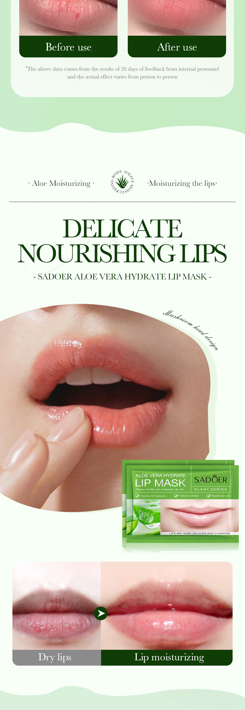 SADOER Aloe Vera Feuchtigkeitsspenderend, nährend Lippenmaske fir d'Verhënnerung vun Dréchent a Rëss am Gesiicht_voghion.com