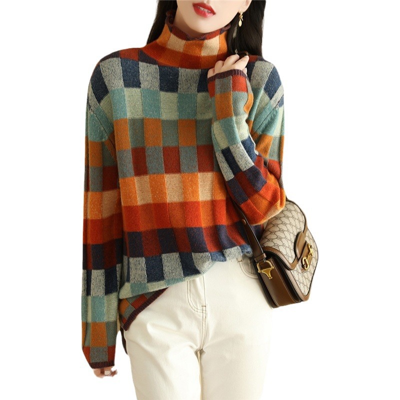 Suéter de punto a cuadros colorido para otoño e invierno, cuello alto, estilo informal, suéter básico entallado a cuadros para mujer, suéter a cuadros colorido para mujer.