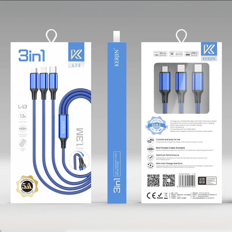 1-in-3-Datenkabel für Android, Apple und Huawei, geflochtenes USB-Schnellladekabel, verlängertes Ladekabel