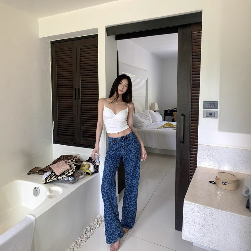 Real Shot! Jennie's Same Style Xiaoxiang Pattern Straight Pants, Fashionable and Super Slim Jeans, Korean Style Women's Clothing