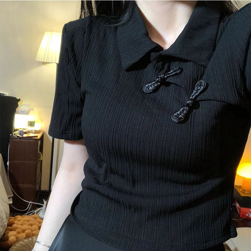 2024 Summer Design Sense Niche Chic Black Short-sleeved T-shirt Ins Trendy Chinese Style Women's Wear Retro Top with Buckle