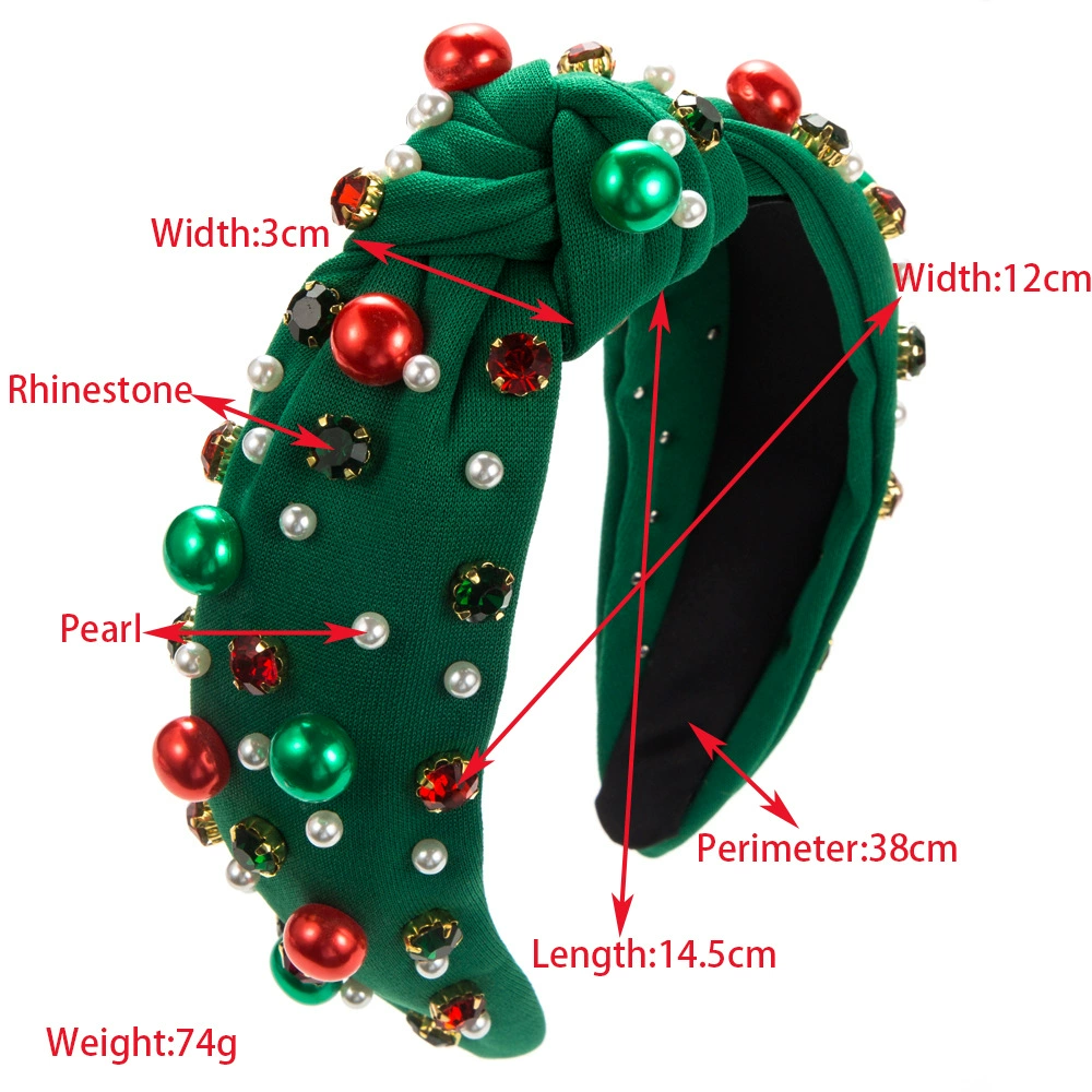 Hairband headband, European-style fabric with pearls, Christmas green/red, 15×13 cm, elegant knot
