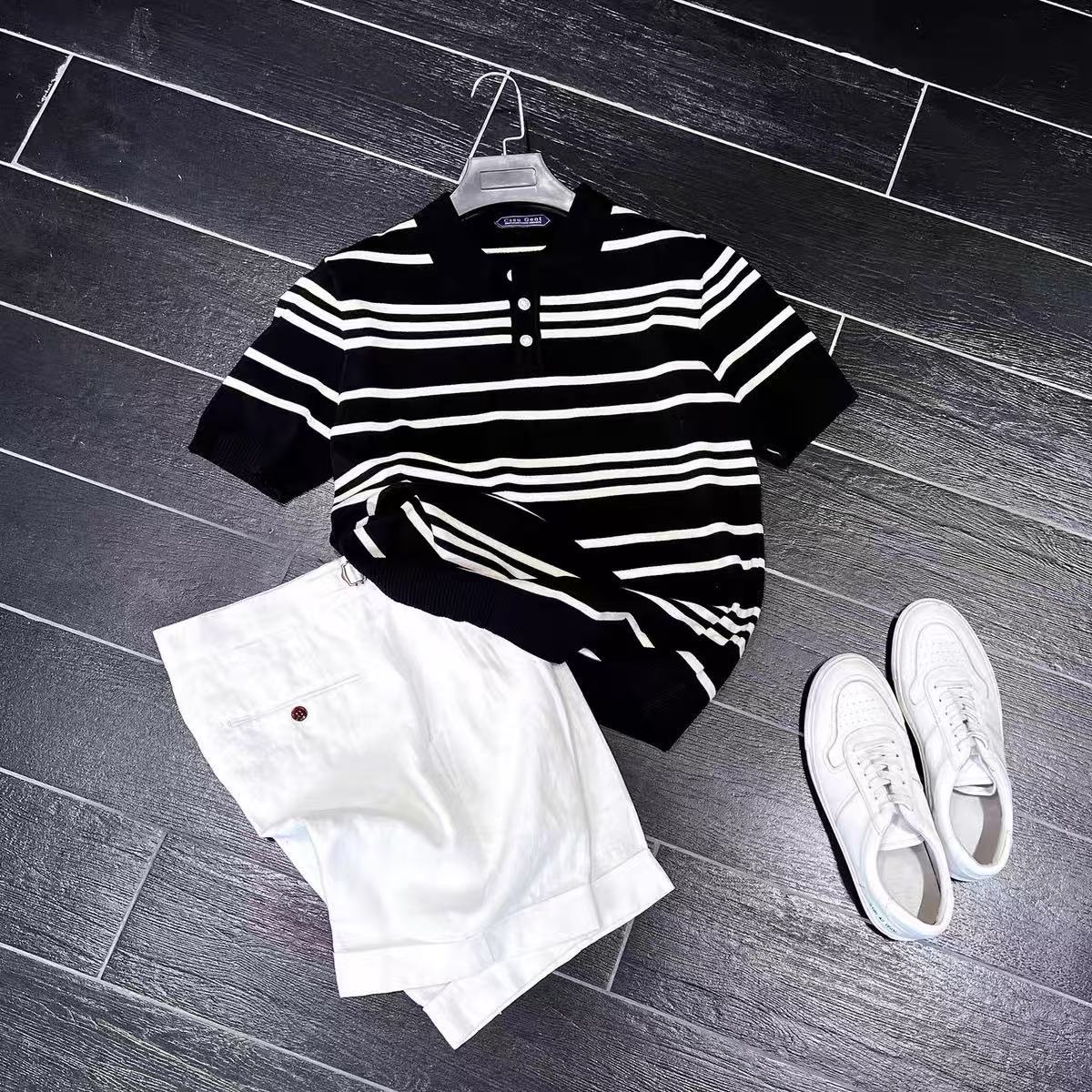 Camiseta de polo a rayas masculina de verano suelta japonesa con solapa de manga corta suelta marca de moda retro camiseta de negocios de media manga