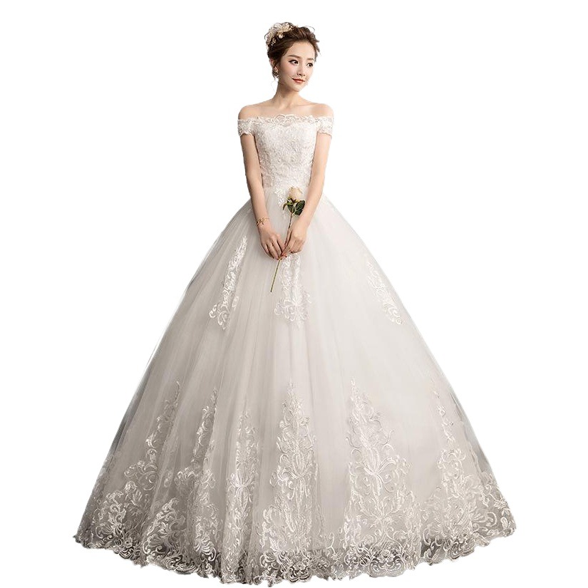Luz mori fuera del hombro vestido de novia 2024 nuevo piso-longitud novia verano cintura alta adelgazamiento simple moda más tamaño