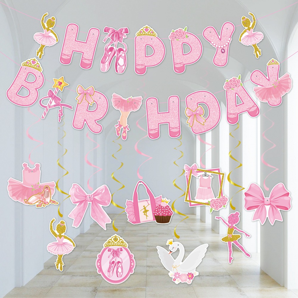 Nuevo producto transfronterizo conjunto de fiesta temática de ballet de cumpleaños fondo de fiesta de cumpleaños bandera de tracción ballet colgante en espiral