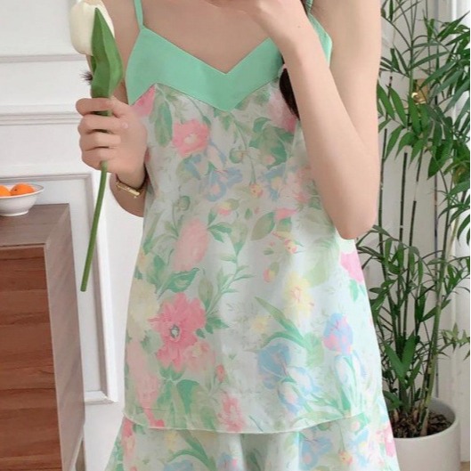 韩国ins女士薄款性感睡衣V领吊带凉感家居服性感度假两件套装女夏