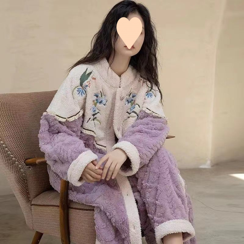 New Autumn/Winter Traditional Chinese Women's Flannel Fleece Thick Long-Sleeved Robe Cardigan Warm Home Clothes