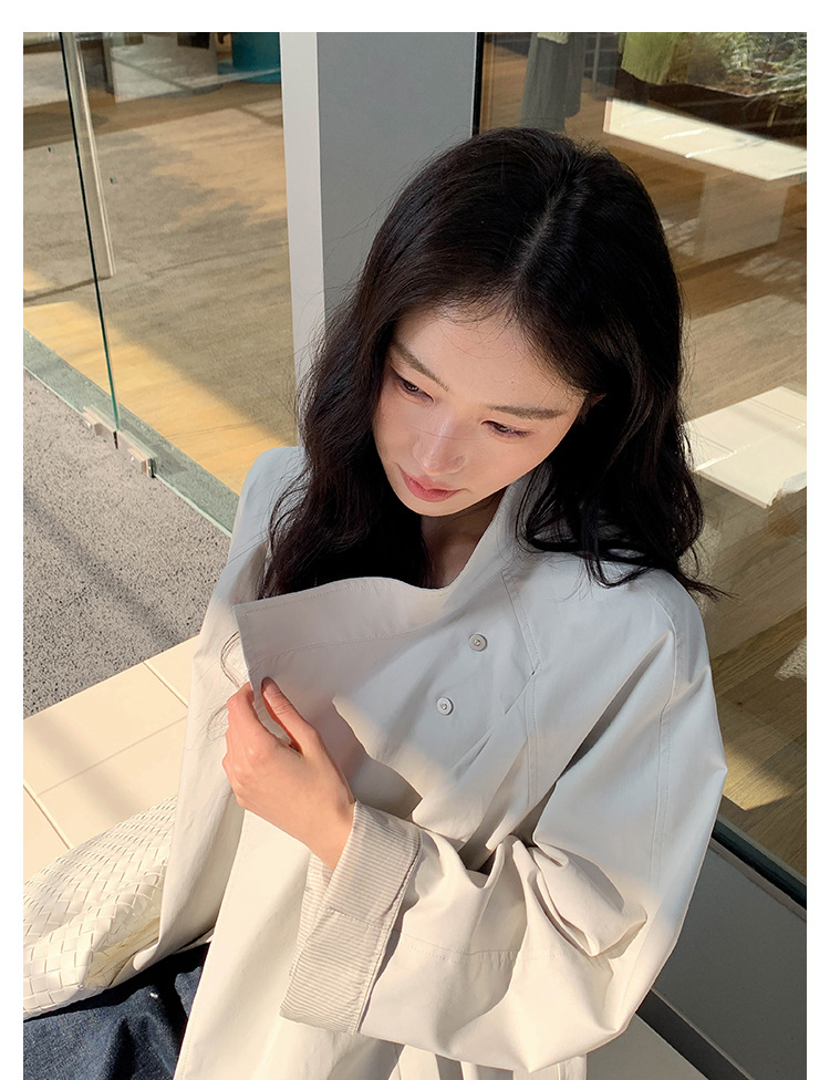 ng2510292 MOXI Thirteen Lines Women's Clothing 2026 Spring Korean Style Stand Collar Long Trench Coat For Petite Women_ecoleips.com