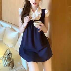 小个子26/ss 超新生偶像 撞色彼得潘领双排扣莫代尔假两件连衣裙