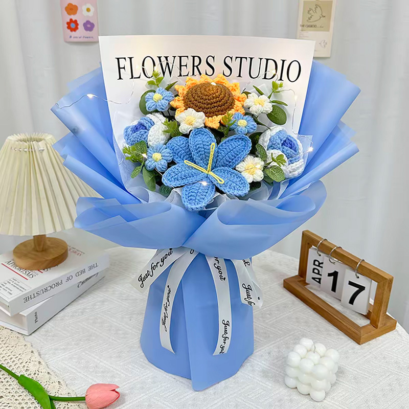 Productos transfronterizos acabados de lana tejido flores hechas a mano girasol trenzado regalos de vacaciones decoración flores falsas al por mayor