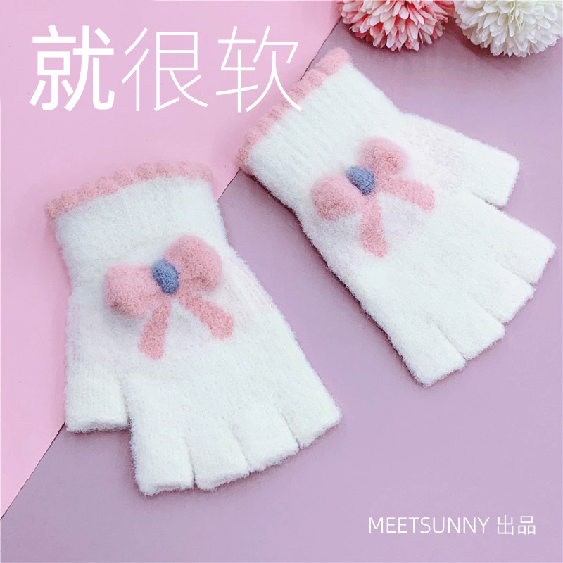 Demi-season keep warm knitted gloves with bow