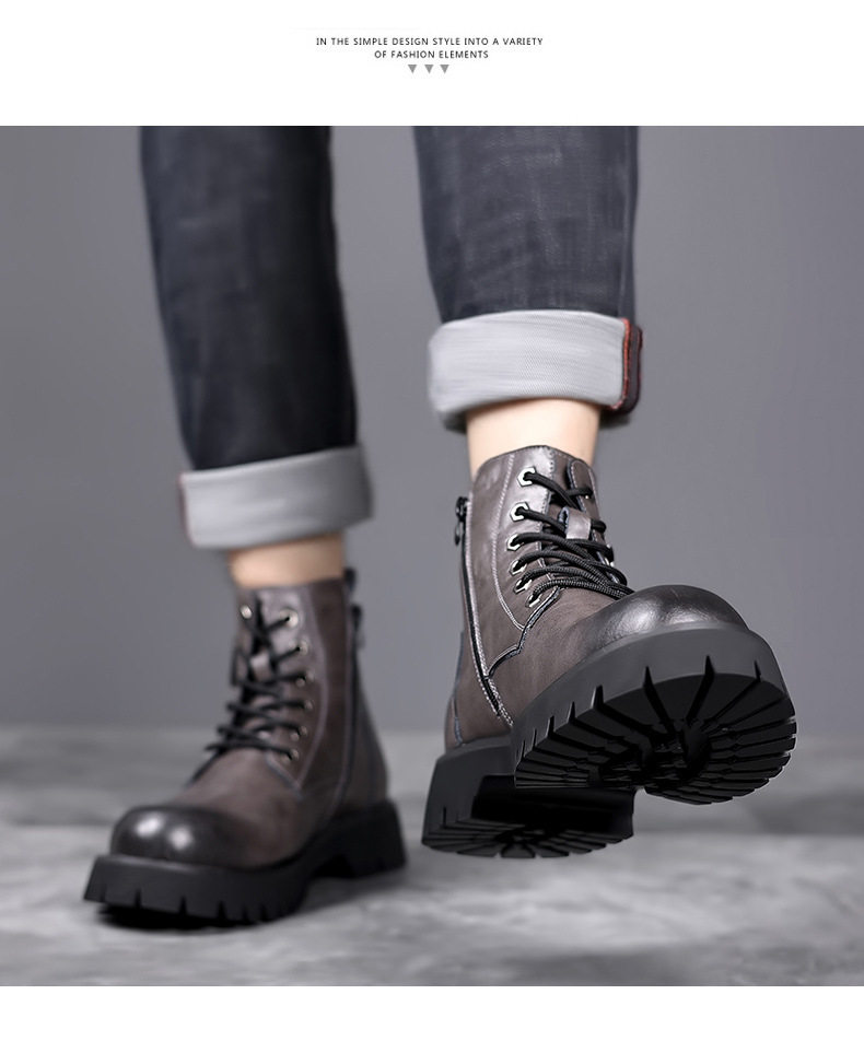 Bốt Martin nam cao cổ lót nhung giữ ấm, da bò, đế cao su, gót thấp 1-3 cm — Màu xám, Màu đen chi tiết 20