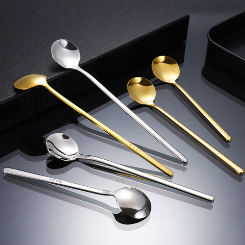 Stainless steel spoon, long handle ice spoon, high-looking coffee spoon, golden round spoon, household stirring spoon, souvenir wholesale