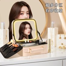 亚马逊跨境新款LED格纹化妆箱带灯镜子化妆包大容量手提化妆包