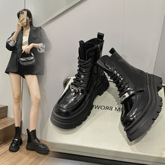 2023 Autumn British Style Fashionable Boots for Women's Thick Bottom Martin Boots, Black Mid-Calf Boots 