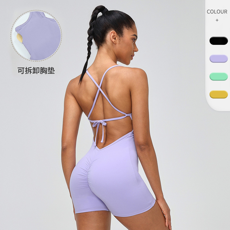European and American One-Piece Yoga Clothes for Women, Tight-Fitting Running Fitness Clothes, Lace-Up One-Piece Jumpsuits, Peach Butt Sports Shorts