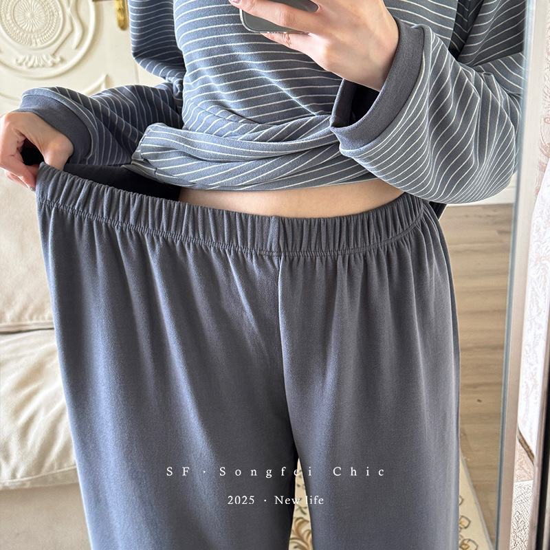 秋冬磨毛新款圆领长袖可外穿家居服 肯豆风松弛感条纹家居服套装|undefined