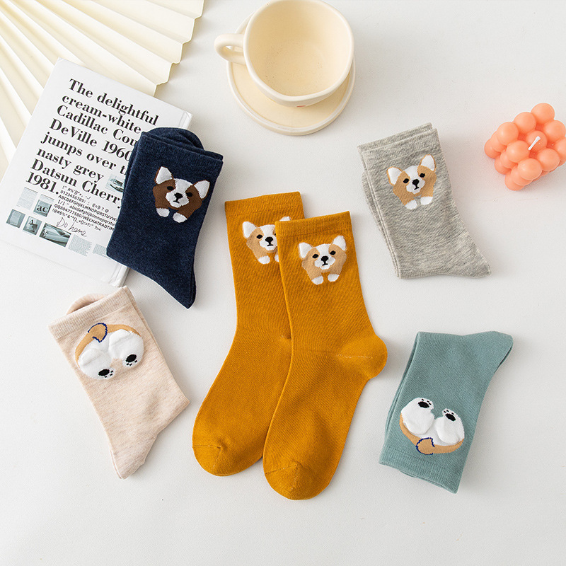 Autumn New Korean Style Cute and Sweet College Style Socks for Women Japanese Cartoon Dog Corgi Women's Mid-Calf Cotton Socks
