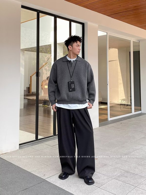 灰色polo领毛衣慵懒高级感冬季重磅翻领针织衫男美式cleanfit外套|undefined