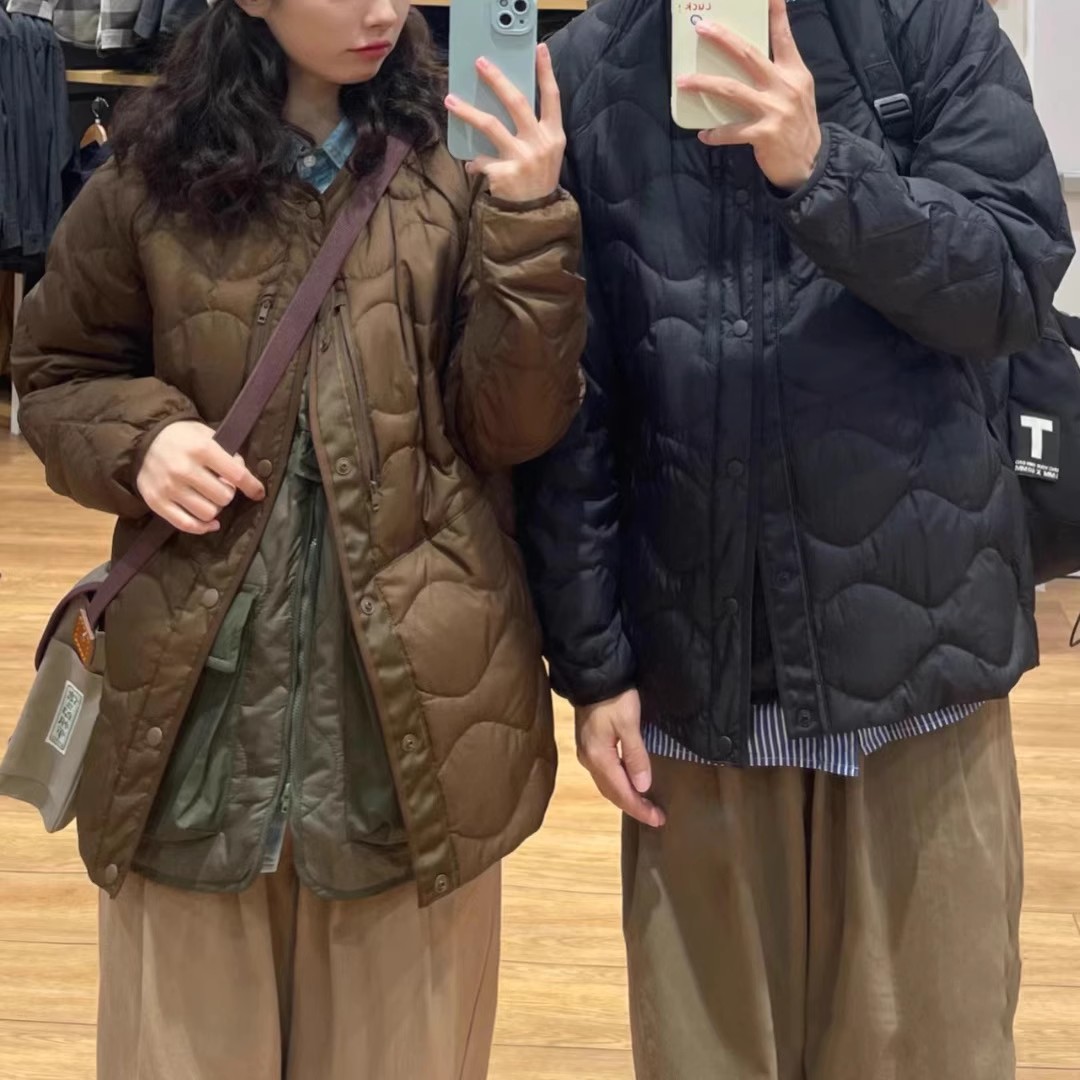 Bleuette - Couple's Daywear Retro Autumn/Winter Solid Color Crew Neck Lightweight Warm Down Jackets