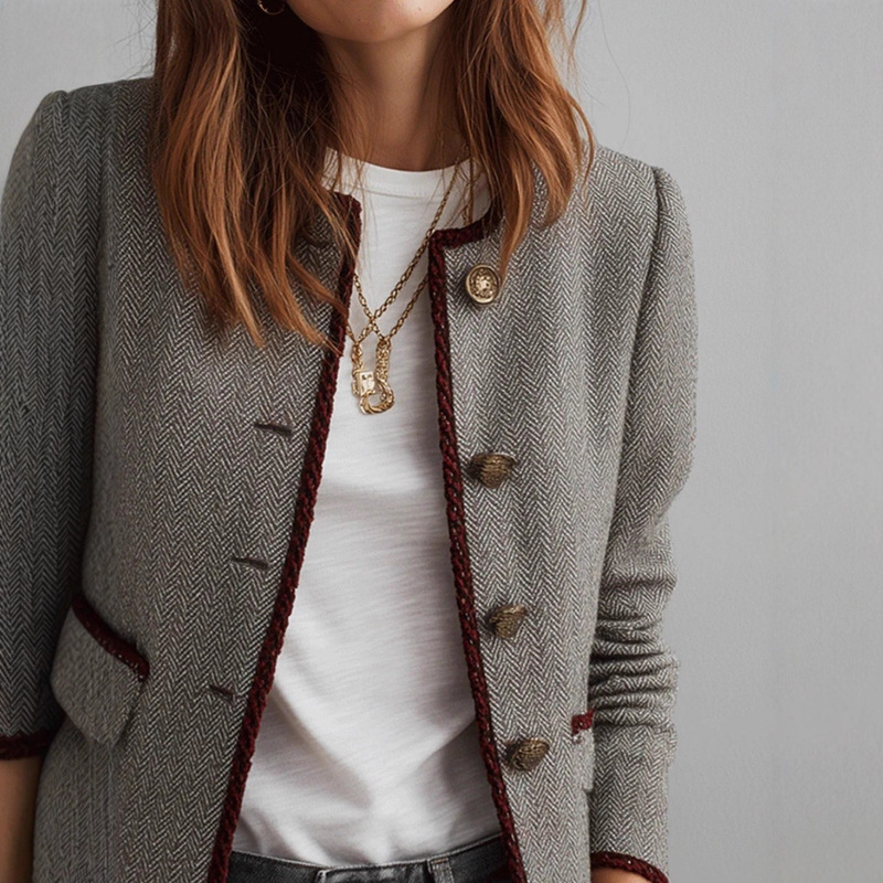 European and American Foreign Trade Independent Station Amazon Cross-Border Women's Elegant Casual Herringbone Woolen Versatile Webbing Jacket European and American Foreign Trade Independent Station Amazon Cross-Border Women's Elegant Casual Herringbone Woolen Versatile Webbing Jacket