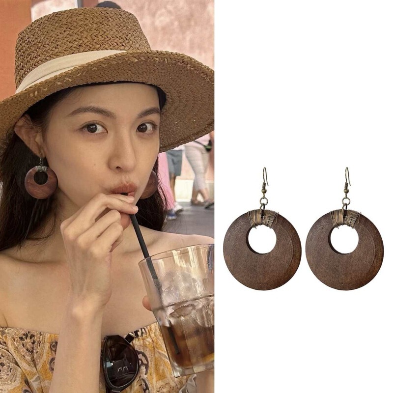 中古vintage木制镂空圆形耳环夸张木头大圈圈耳钩女度假小众耳饰|undefined