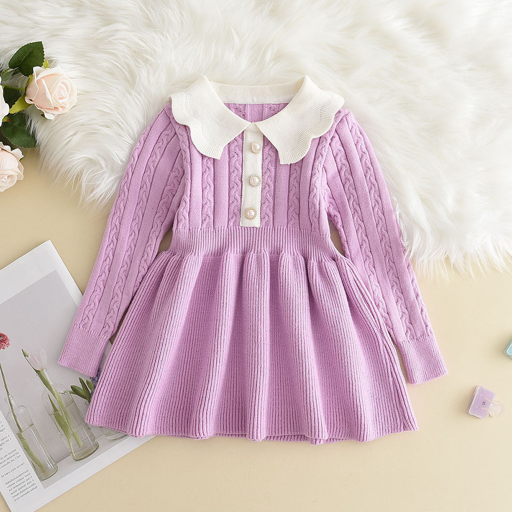 Children's knitting 2023 new lace doll collar Fried Dough Twists slim and versatile solid baby girl dress_voghion.com