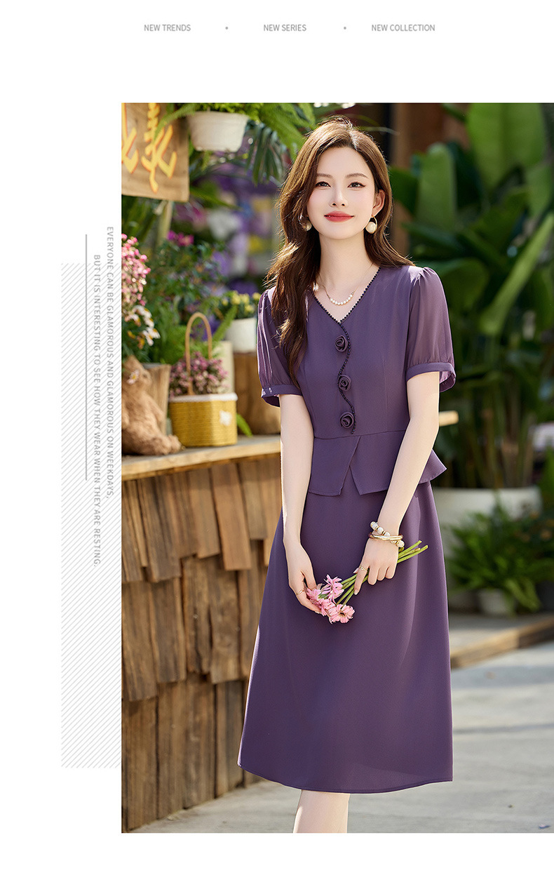 Đầm maxi nữ cổ V phối ren hoa hồng, tay ngắn, thiết kế giả hai lớp, cài khuy vải — tím hoa cà, Xanh lông mòng đen chi tiết 14