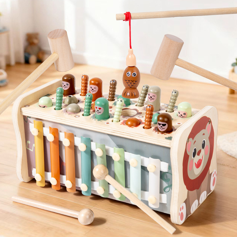 儿童早教五合一款多功能打地鼠走位游戏宝宝敲琴木制早教益智玩具