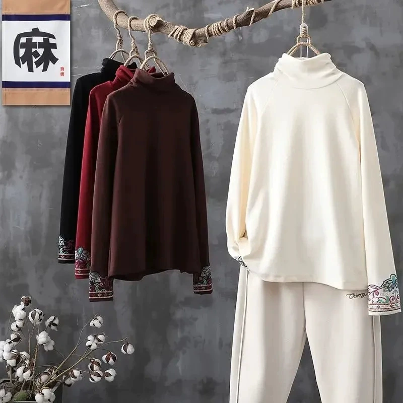 Осенне-зимняя новая водолазка с вышивкой в этническом стиле, Женская Повседневная утягивающая Двусторонняя бархатная футболка с длинным рукавом