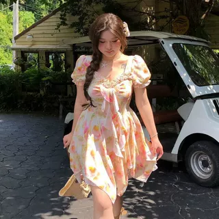 62498度假风蕾丝拼接碎花裙女2026春夏新款微胖大码荷叶边连衣裙